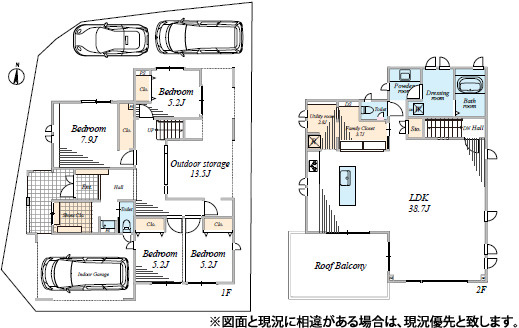 開放感あふれる3面角地　明るいLDK広々38帖の間取り|家族が集うリビングを広々と確保した4LDK