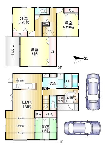 桜井市大字谷 の間取り|4LDK　土地面積：125.29ｍ2　建物面積：104.33ｍ2　駐車２台可