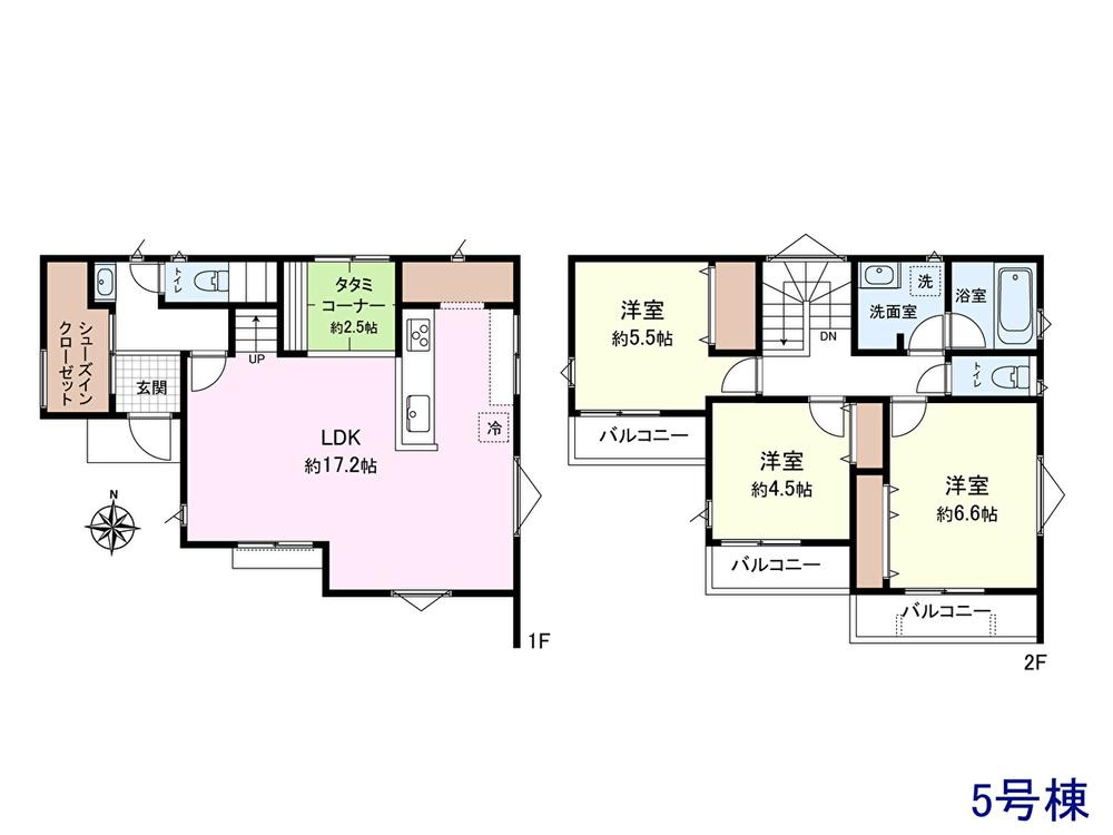 【Ville Clair】若葉町－立川106期-全８棟の間取り|〇本物件【５号棟】の間取・平面図です〇　敷地面積:　115.0㎡　建物面積:90.72㎡　別の号棟の間取図もございますので、お問合せ下さい