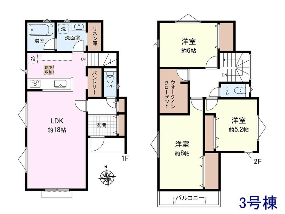 【Ville Clair】若葉町－立川106期-全８棟の間取り|〇本物件【３号棟】の間取・平面図です〇　敷地面積:　127.76㎡　建物面積:96.36㎡　別の号棟の間取図もございますので、お問合せ下さい