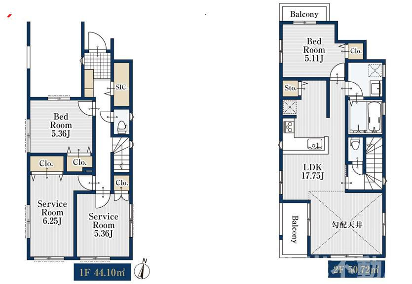 平塚市中堂　新築戸建　全３棟の間取り|南向き　2LDK+2S