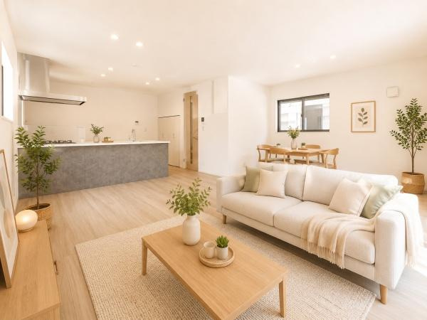 大和市下鶴間の新築一戸建の居間・リビング|家族が自然と集まるリビングは
落ち着きのある空間です♪
※家具等はCGでの参考レイアウトです