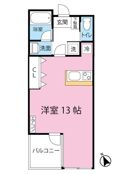 【間取り】 | グランシャリオ | 洋室13帖のワンルームタイプ！ちょっと広めのお部屋をお探しの単身者さんにオススメ☆