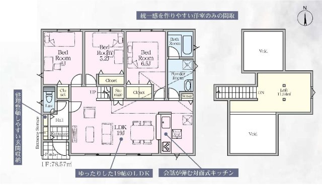 新築　前橋市稲荷新田町第3　クレイドルガーデン　1号棟の間取り|建物面積78.57㎡　広々19帖のLDKの平屋のお家♪各部屋収納付きで便利です！限られた空間を有効活用できるロフト付！
