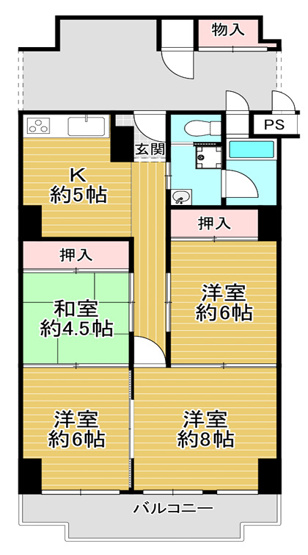 【間取り】 | メガロコープ平野1号棟 | 【南向き4K☆】令和6年：キッチン・ユニットバス・洗面台交換等、室内リフォーム履歴有☆新規リフォーム：シャワートイレ新調、ハウスクリーニング済み☆南向きバルコニー☆廊下に専用物置付きです♪
