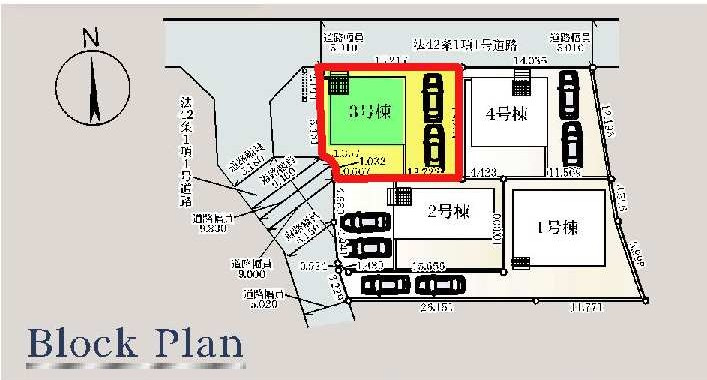 新築　前橋市稲荷新田町第3　クレイドルガーデン　3号棟の区画図|3号棟　区画図　北側接道幅員約5ｍ
