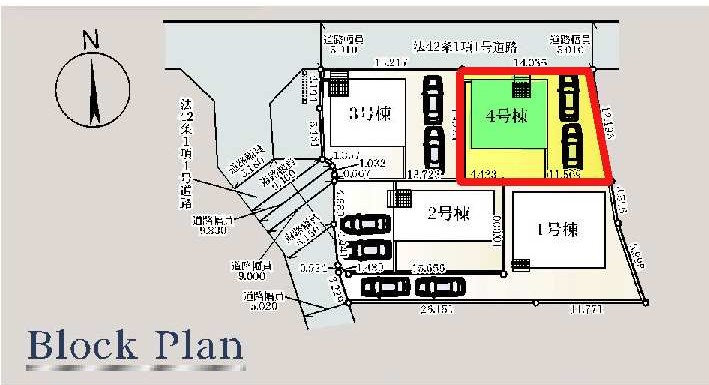 新築　前橋市稲荷新田町第3　クレイドルガーデン　4号棟の区画図|4号棟　区画図　北側接道幅員約5ｍ
