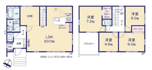 新築　前橋市城東町1期　１号棟の間取り|建物面積107.64㎡　広々20帖のLDK♪シューズインクローク・ウォークインクローゼット・各部屋収納付きで便利です！日当たりの良いバルコニーはお洗濯物もよく乾きそうです◎
						
