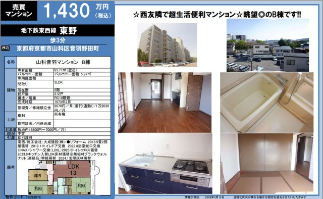 山科音羽マンションＢ棟の間取り