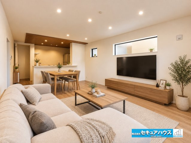 【同施工物件ご案内可能】刈谷市井ケ谷町中切　全5棟の内観：施工例|【LDKイメージ】
◆通学から帰宅し、リビングルームで会話を楽しむ子ども達。リビングから臨む景色は太陽色に染まり、解放感溢れゆったりとしたひと時を過ごすことが出来る素敵な空間です。　　　　　　　　　　