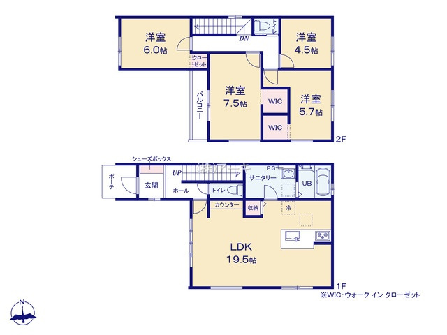 刈谷市野田町西屋鋪50番1の一部『仲介手数料無料』新築一戸建て・建売の間取り|　2号棟　1F:LDK19.5帖！キッチン収納♪スタディーカウンター♪ゆとりの洗面室♪2F:主寝室7.5帖・洋室5.7帖　WIC設置！洋室6帖　CL設置♪洋室4.5帖♪バルコニー♪