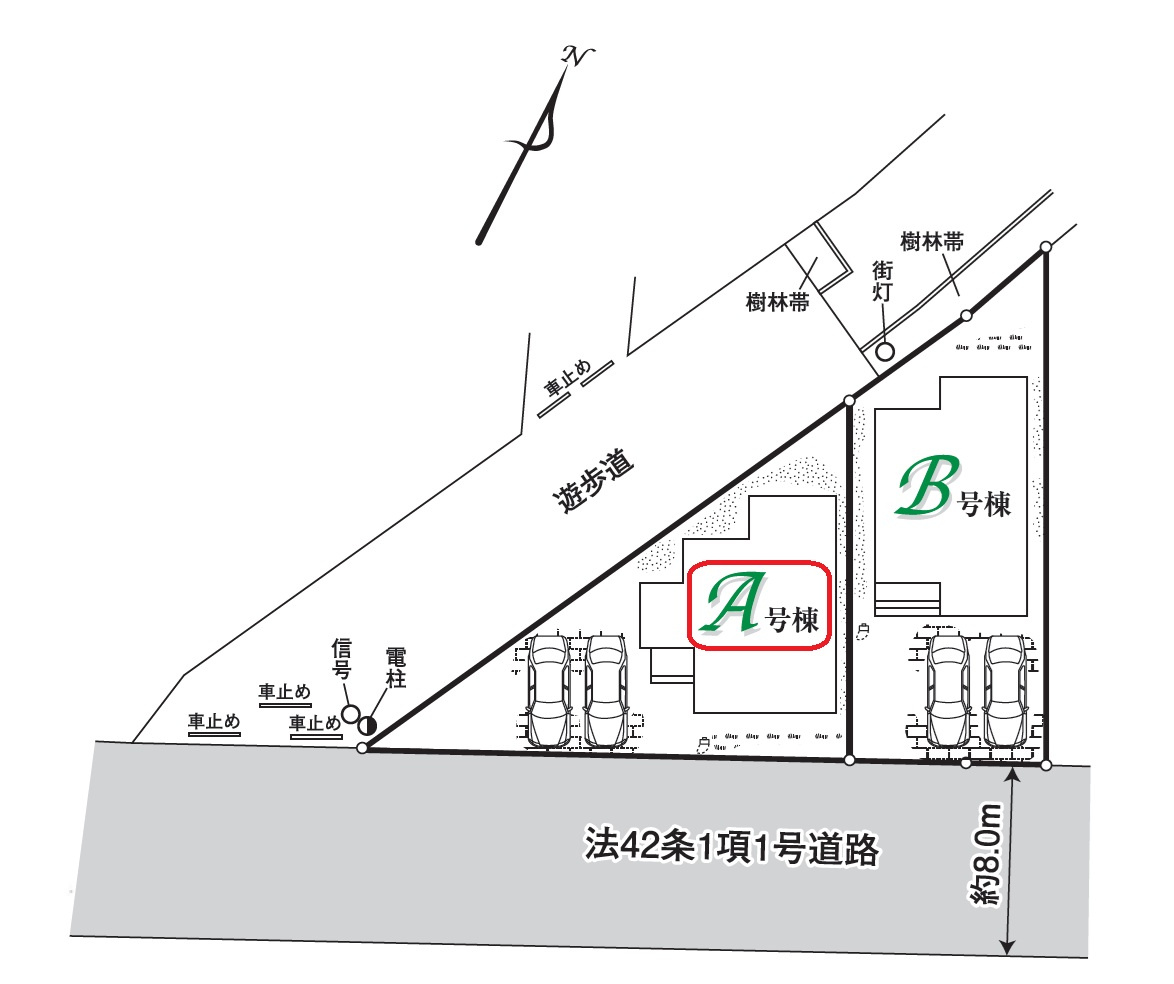 所沢市狭山ヶ丘2丁目・全2棟　新築一戸建　A号棟の区画図|【全2棟・A号棟】カースペース並列2台。