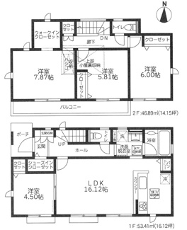 【間取り】 | 海老名市大谷南3丁目  1号棟 2期 | 4LDK　都市ガス　網戸標準仕様　シャッター6箇所付　Ｗロックタグキー　二部屋から行き来できる南向きバルコニー　食洗器・浄水器　浴室乾燥機+窓・浴室TV　全居室収納　屋根裏収納　SIC　LDK16帖