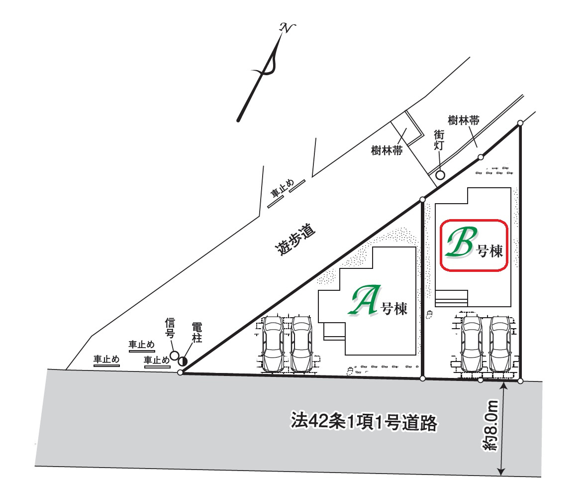 所沢市狭山ヶ丘2丁目・全2棟　新築一戸建　B号棟の区画図|【全2棟・B号棟】カースペース並列2台。
