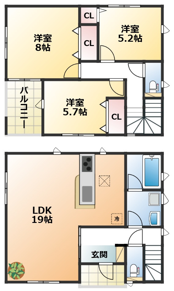 CRADLEGARDEN真岡市荒町第13の間取り|南向きで陽当たりの良い間取りです。