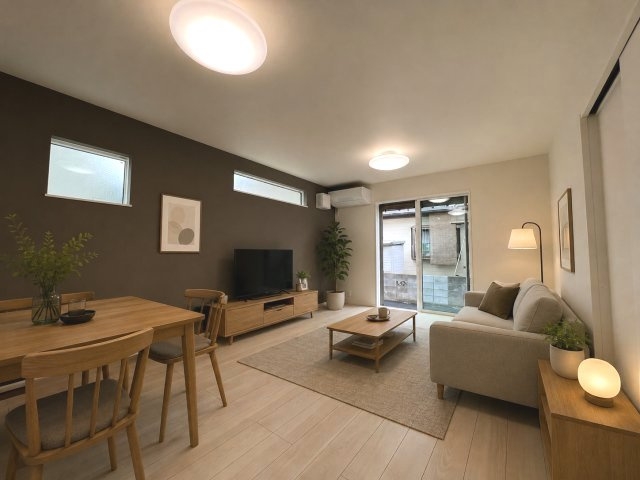 あきる野市下代継　新築戸建全1棟の居間・リビング|LDK16.0帖！※家具はCGイメージです。