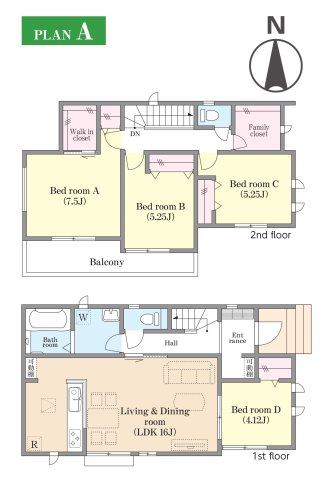 松戸市松飛台新築戸建の間取り|A号棟：4LDK