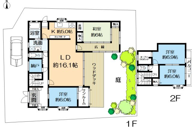 苦楽園二番町戸建の間取り|お庭に面した大きなウッドデッキがございます。