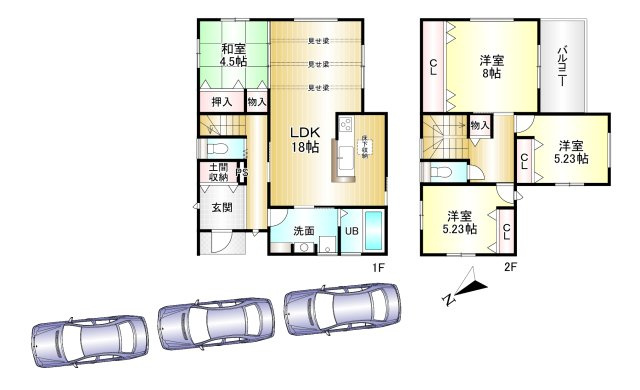 桜井市大字谷 ２号地 の間取り|4LDK　土地面積：168.13ｍ2　建物面積：106.82ｍ2　駐車3台可