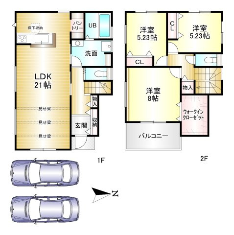 桜井市大字谷  の間取り|3LDK　土地面積：123.61ｍ2　建物面積：99.36ｍ2　駐車２台可