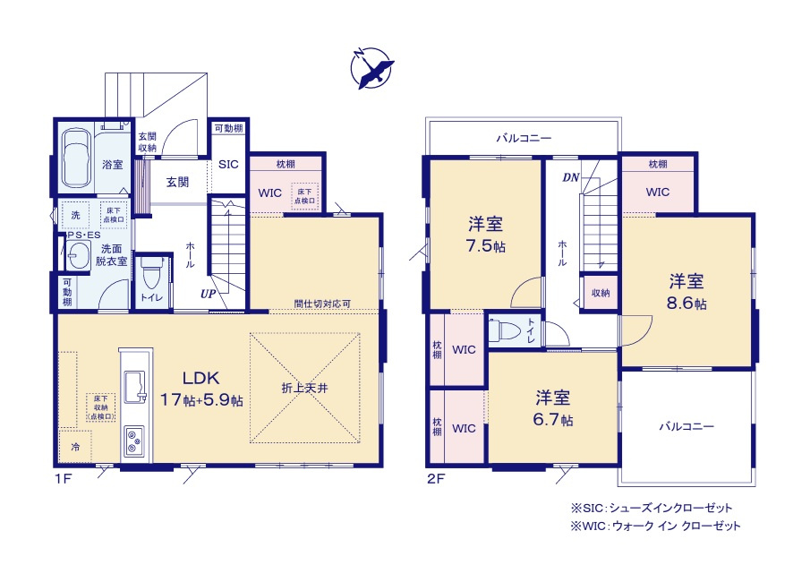 ケイアイフィット　ひたちなか市市毛　4期 　3の間取り|　
☆洗面室2WAY出入り口で生活動線がコンパクト。22.9帖LDKは間仕切り可能です。全室明るい二面窓、通風良好。全ての居室に収納の自由度が高いWICを配備しました。