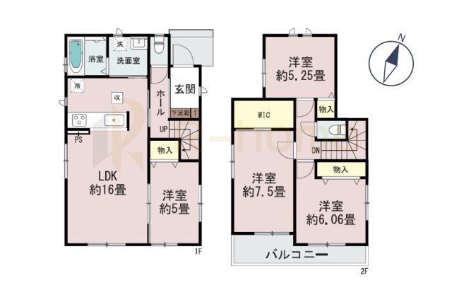ひたちなか市相金町　新築戸建て　B号棟の間取り|4LDK＋WIC、土地面積252.68m2、建物面積95.84m2