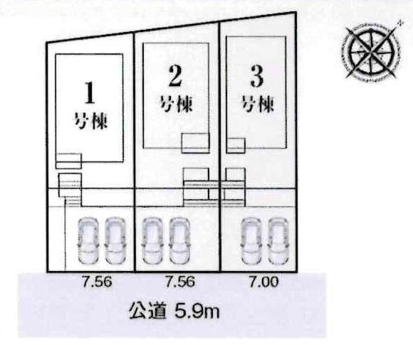 豊田市高美町5丁目　全3棟・1号棟の区画図|1号棟です。
