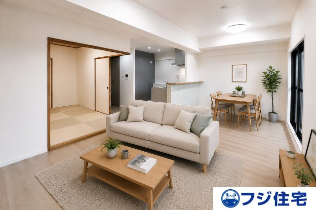 ファミールハイツ堺II番館の居間・リビング|LDK：クロスやフローリングを貼替えるなどリフォーム済み。