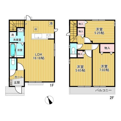 長尾東町1【新築戸建】全2棟の間取り|（A号棟間取りプラン）各居室に収納あり。間取り3LDK。LDK16帖超え、南向きのお家で、快適な暮らしを実現できます。