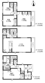 【間取り】 | 茅ヶ崎市円蔵2丁目  1号棟 | 3LDK+1S（洋室仕様）　準耐火建築物　3階建　網戸標準仕様　シャッター3箇所付　玄関ドアFamiLock　食洗器・浄水器　浴室乾燥機+窓・浴室TV　室内物干し　各部屋収納　SIC　LDK16帖