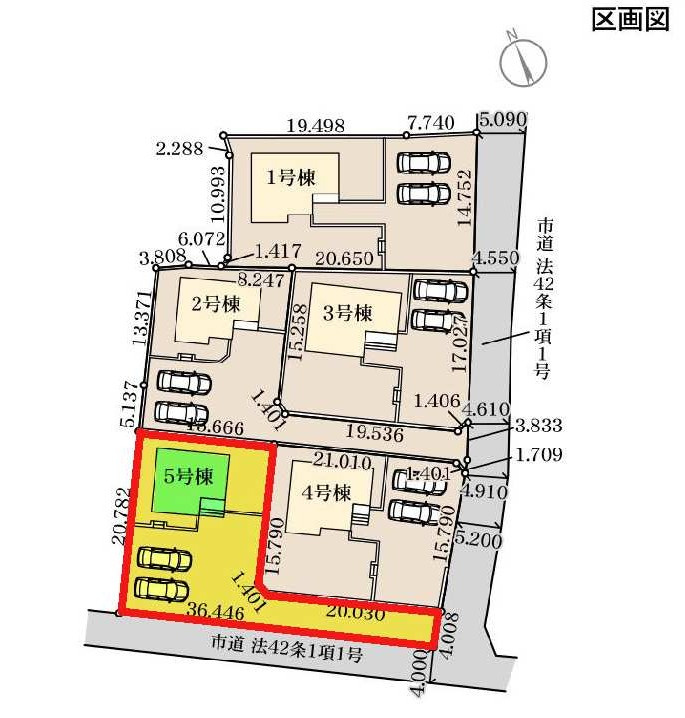 新築　前橋市富士見町時沢第12　Livele Garden.S　5号棟の区画図|5号棟　区画図　東側接道幅員約4.5ｍ　南側接道幅員約4ｍ


