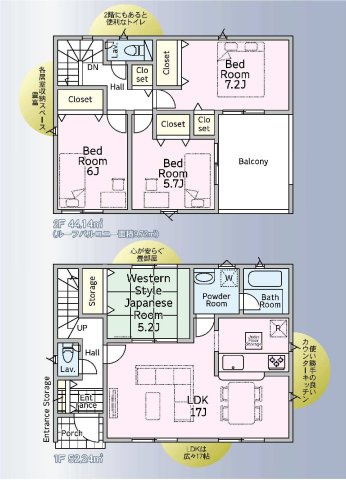 新築　前橋市川原町第４　クレイドルガーデン　3号棟の間取り|建物面積96.38㎡　広々17帖のLDK♪各部屋収納付きで便利です！日当たりの良いバルコニーはお洗濯物もよく乾きそうです◎
						
