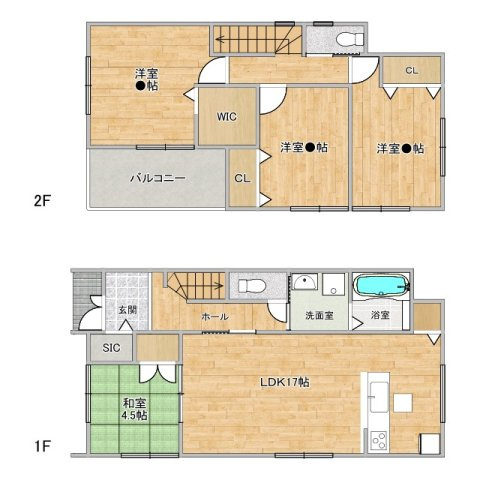 第8香里ケ丘【新築戸建】全2棟の間取り|（1号棟間取りプラン）水回りとLDKを区分けした間取り。LDKは広々の17帖。水回りと生活空間を区分けすることで、日々の掃除も楽にできます。各居室収納を完備。