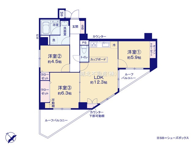 セザール富士見台の間取り|専有面積64.77㎡の3LDK 南東・南西角住戸につき陽当たり良好です
