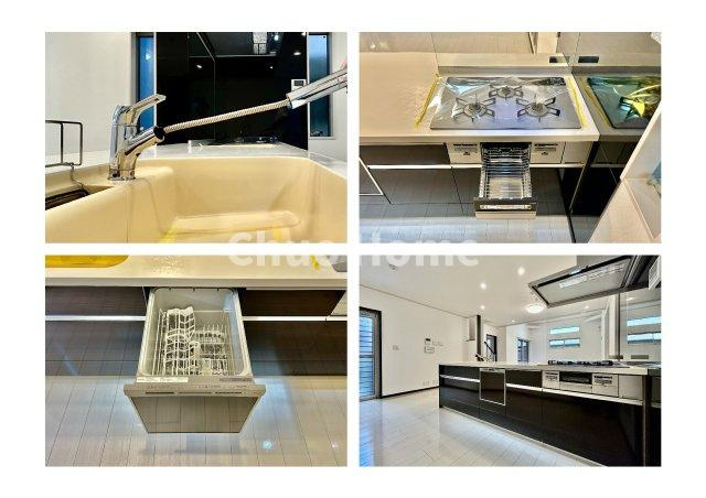江戸川区中葛西5丁目中古戸建のキッチン|【システムキッチン】ワイドで収納豊富な使い勝手の良いカウンターキッチンには、食洗器・伸縮タイプのキッチン水栓、三ツ口コンロ・魚焼きグリルなどの便利な設備が標準完備されています。