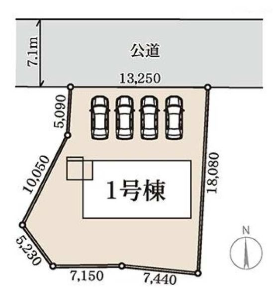 リーブルガーデンＳ渋川渋川第５　１号棟の区画図|駐車場並列４台ご用意しています！来客時も重宝しますよ♪
前面道路も7.1Ⅿあるので車の出し入れもしやすいですよ