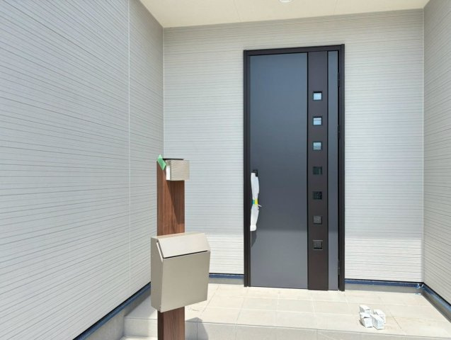 リーブルガーデン　岐阜市茶屋新田2丁目　全2区画分譲の玄関|【ピッキング防止機能付き玄関ドア錠】玄関ドアの鍵は上下に２つあり、内側の下段は脱着サムターンキー。
鍵を不正に開錠されても、もう１つの鍵でピッキングを防ぎます。防犯性の高い仕様になっています。
