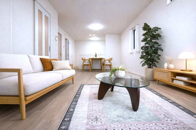 足立区西新井４丁目  新築分譲住宅　　限定１邸の居間・リビング|光と風があふれる開放的なダイニングキッチンには　自然と家族みんなが集まってきます。※施工例