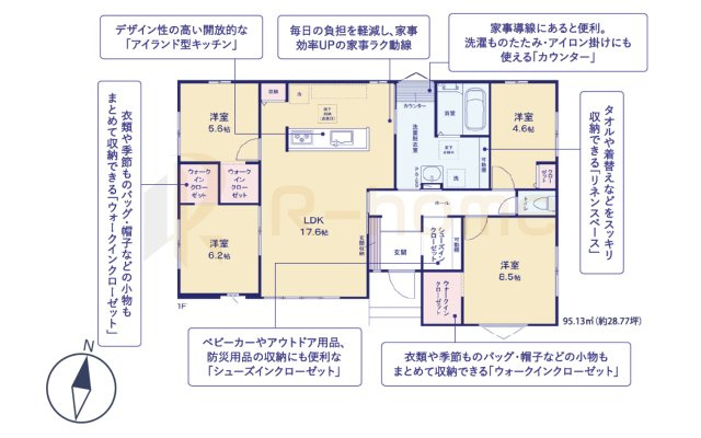 ひたちなか市大成町3期　新築戸建て　1号棟の間取り|4LDK＋WIC＋SIC、土地面積284.27m2、建物面積95.13m2