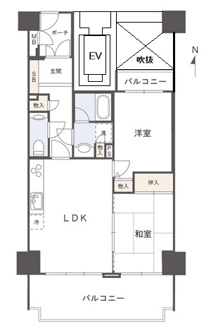サーパス中の島の間取り|リビングと和室が南面バルコニーに面した、２ＬＤＫの間取りです。