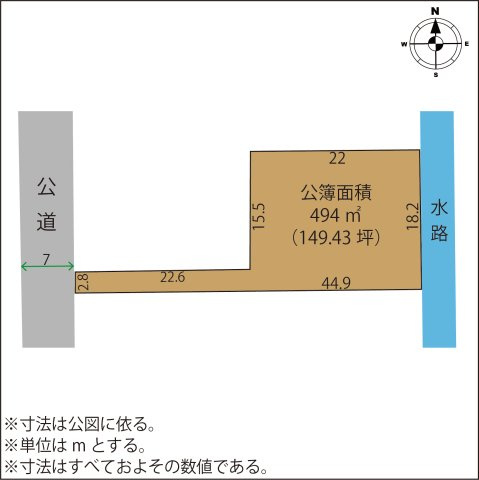足利市助戸仲町の売地の土地図|149.43坪のゆとりある敷地、平屋住宅や二世帯住宅、広い駐車場付き住宅など多彩なプランが可能