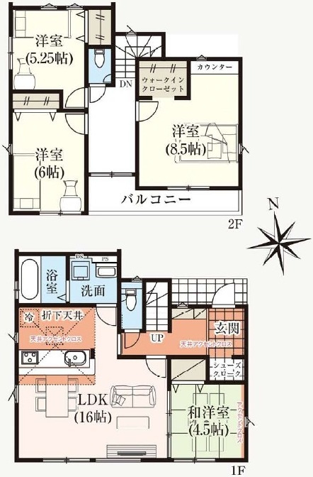 取手市本郷　6期　新築戸建て　2号棟の間取り|南向きで陽当り良好です♪