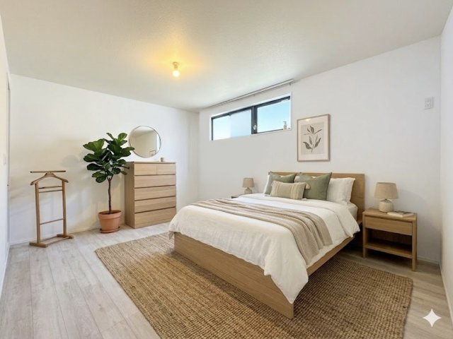 【新築戸建】 さいたま市浦和区領家１丁目の寝室|1階寝室（7.5帖）（家具CG）
1階にある7.5帖の主寝室。落ち着いた空間設計で、大きなベッドを置いてもゆったりと過ごせるプライベート空間です。