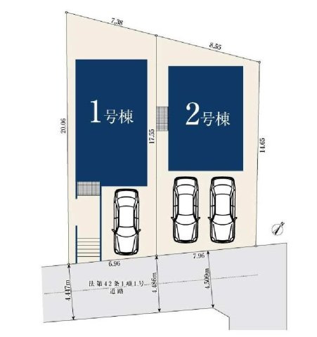 【横浜市旭区笹野台4丁目18-34全2棟新築戸建て】★仲介手数料無料★（笹野台小学校・希望が丘中学校）の区画図|全2棟の分譲地で、それぞれカースペースを確保したゆとりある敷地配置。前面道路との高低差を活かした開放感があり、陽当たりにも配慮された区画設計です。