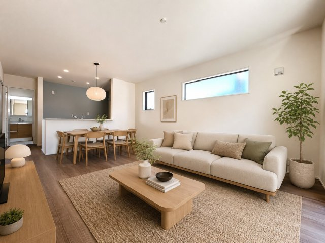 【商談中】リーブルガーデン　一宮市蓮池第３　全２区画分譲の居間・リビング|※AIイメージ画像
明るい日差しをふんだんに取り込んだリビングダイニングは家族の笑顔につつまれた素敵な空間になります。