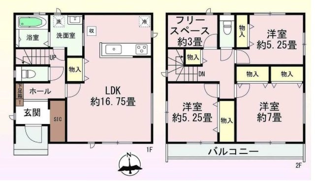 新築　高崎市並榎町　Heartful　Town　A号棟の間取り|建物面積97.70㎡　使い方は色々、3帖のフリースペース付きプラン！シューズインクローク・各部屋収納付きで便利です！二部屋分のバルコニーはお洗濯物が沢山干せます◎
						

