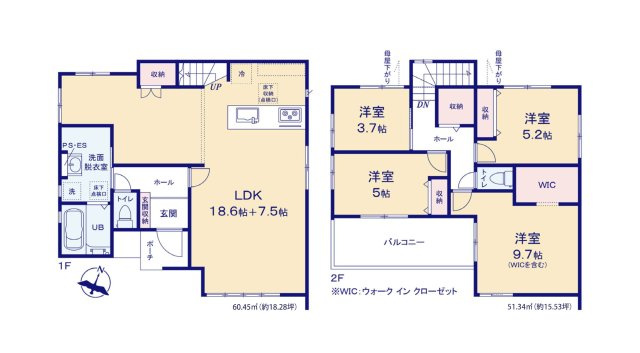 福岡市南区鶴田2丁目第5-1棟（1号棟）の間取り|全居室収納付きで便利です。