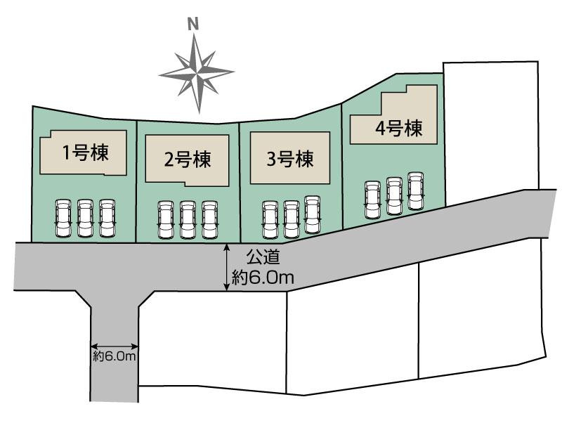 新築　藤岡市藤岡全8棟　Blooming　Garden　4号棟の区画図|4号棟　区画図　南側接道幅員約6ｍ
