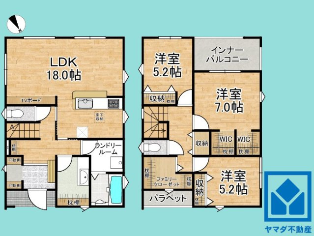 西宮市五月ケ丘　2期の間取り|3LDK、土地面積116.05平米、建物面積111.37平米、木造2階建。建物面積にポーチ部分の一部約0.41平米、インナーバルコニー約6.62平米を含みます。2026年8月完成予定。