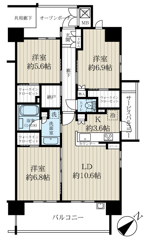アネージュ大みかグラスタの間取り|南東向きのバルコニー。
リビング14.2帖ございます。